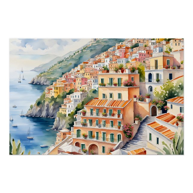 Positano: Die italienische Amalfiküste mit Aquarel Poster (Vorderseite)