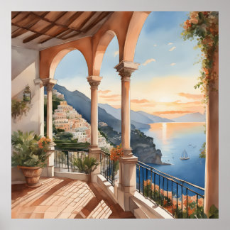 Positano Dream: Aquarell Sunset Vista Poster