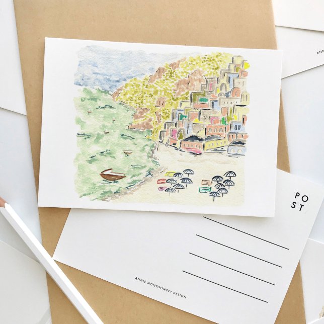 Positano Italy Watercolor Travel Postcard Einladungspostkarte (Positano, Italy watercolor travel postcard.)