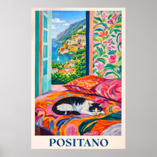 Positano-Katze Poster, Amalfi-Küste Fensterblick Poster