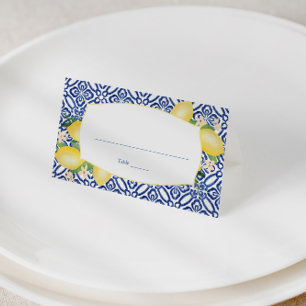 Positano Lemons Blau und Weiß Muster Hochzeit Platzkarte