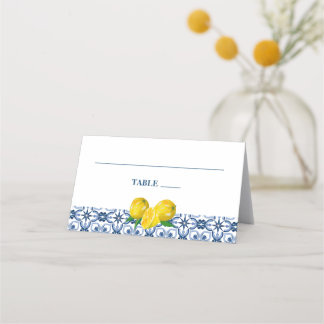 Positano Lemons Blau und Weiß Muster Hochzeit Platzkarte