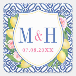 Positano Lemons Blue Tiles Pink Wedding Monogram Quadratischer Aufkleber
