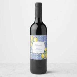 Positano Lemons Blue White Tiles Wedding Reception Weinetikett