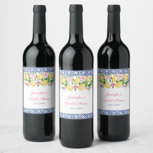 Positano Lemons Brautparty aus blauen und weißen F Weinetikett