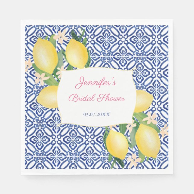 Positano Lemons Italian Blue Tiles Brautparty Serviette (Vorderseite)