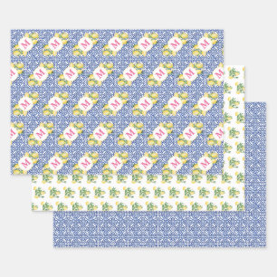 Positano Lemons Monogramm blaues weißes Muster Geschenkpapier Set
