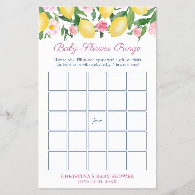 Positano Lemons Pink Baby Dusche Bingo Spielkarte Flyer (Vorne)