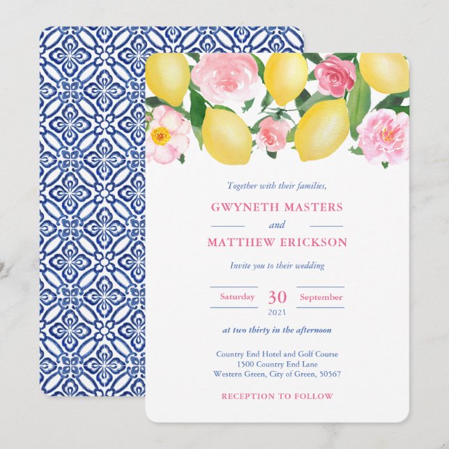 Positano Lemons Pink Floral Blue Tile Hochzeit Einladung (Vorne/Hinten)