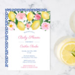 Positano Lemons Pink Roses Girl Baby Dusche Party Einladung<br><div class="desc">Lebhafte Aquarelllemonen und glänzende grüne Blätter mit hübsch rosa Aquarellfarben-Rose und Peonies,  ergänzt durch Kobalt-Blau-Weiß-Kacheln-Rückseite.</div>