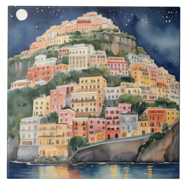 Positano Night, Italien, italienische Wasserfarbe Fliese (Vorderseite)