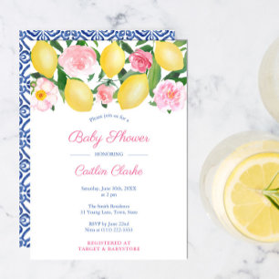 Positano Zitronen rosa Rosen Mädchen Baby Shower P Einladung