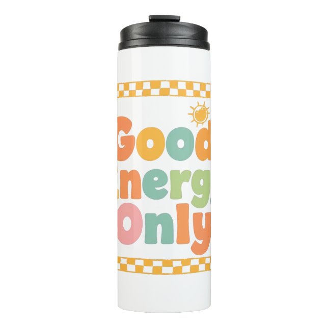 Positive "Good Energy Only" Checkered Frame Thermosbecher (Vorderseite)