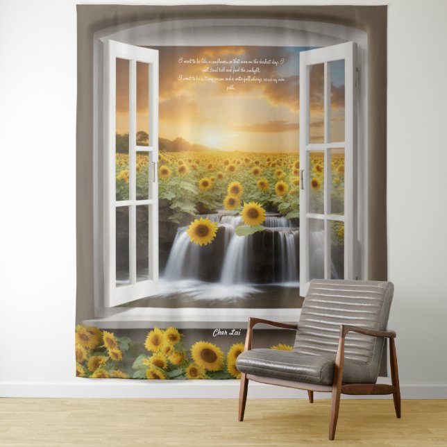 Positive hoffnungsvolle Sonnenblumen Wasserfall Ta Wandteppich (Beispiel)