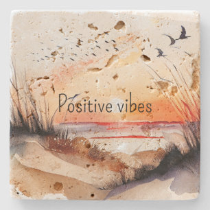 Positiver Vibes Beach Sonnenuntergang mit Vögeln Steinuntersetzer