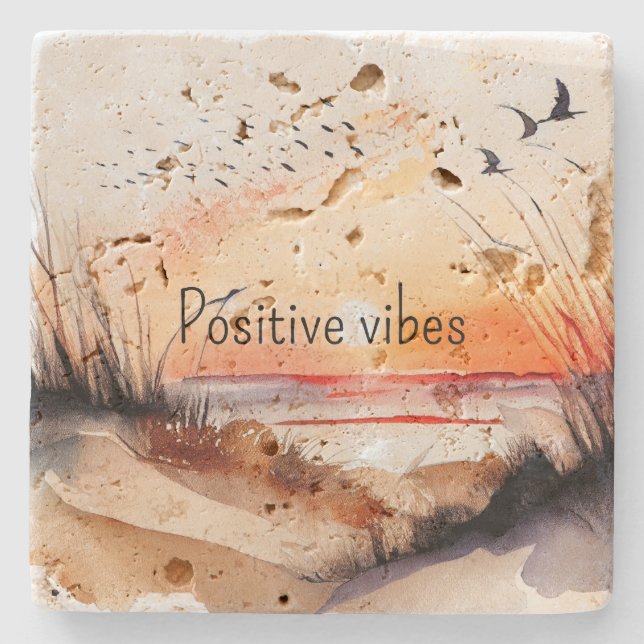 Positiver Vibes Beach Sonnenuntergang mit Vögeln Steinuntersetzer (Vorderseite)