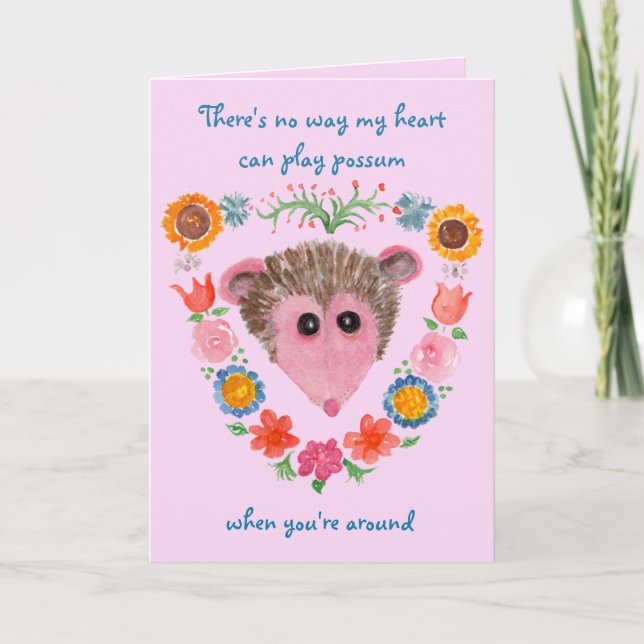 Possum with Flowers Valentine's Card, Play Opossum Karte (Vorderseite)