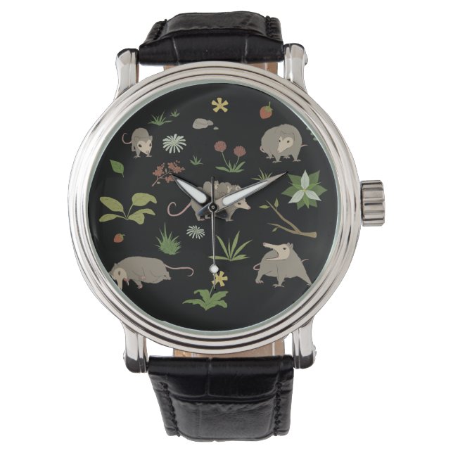 Possummen auf einem Berry-Feld in Schwarz Armbanduhr (Vorderseite)