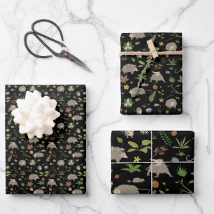 Possummen auf einem Berry-Feld in Schwarz Geschenkpapier Set