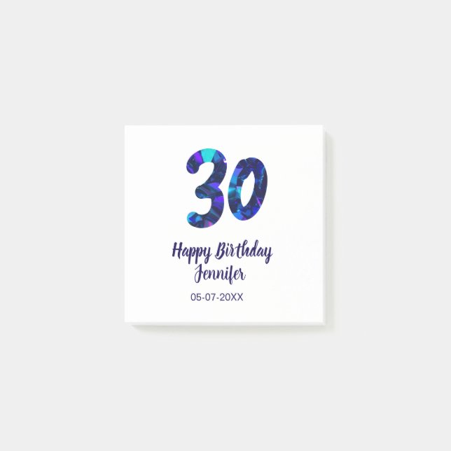 Post-it® 30e anniversaire ajouter nom date année bleu scint (Devant)