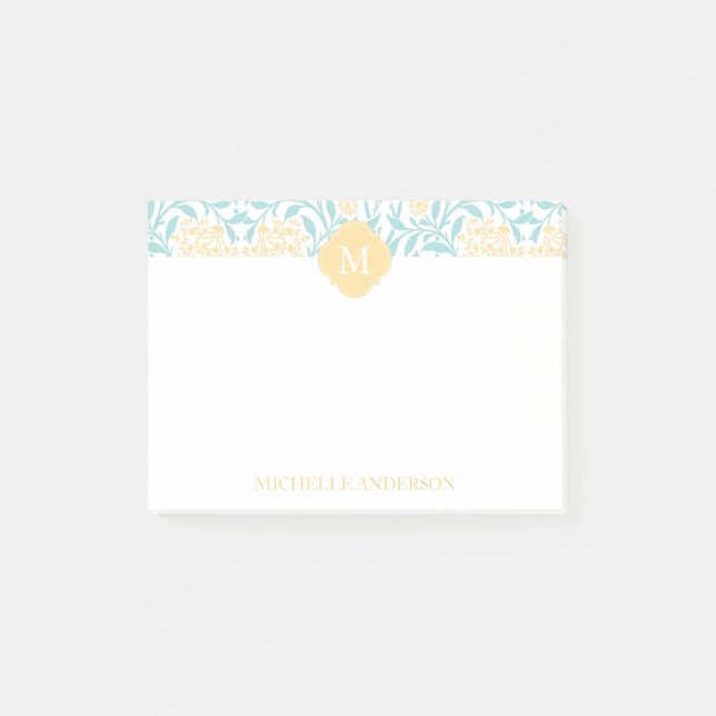 Post-it® Aqua monogramme et Damas florales jaunes (Devant)