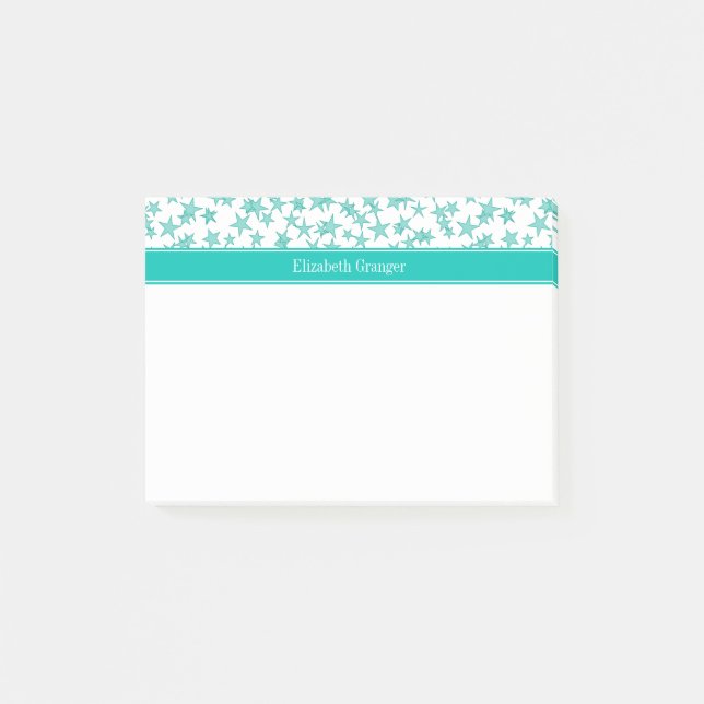 Post-it® Aqua Turquoise Stars White BG, nom Turquoise Monog (Devant)