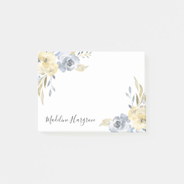 Post-it® Aquarelle bleu et jaune Floral Personnalisé (Devant)