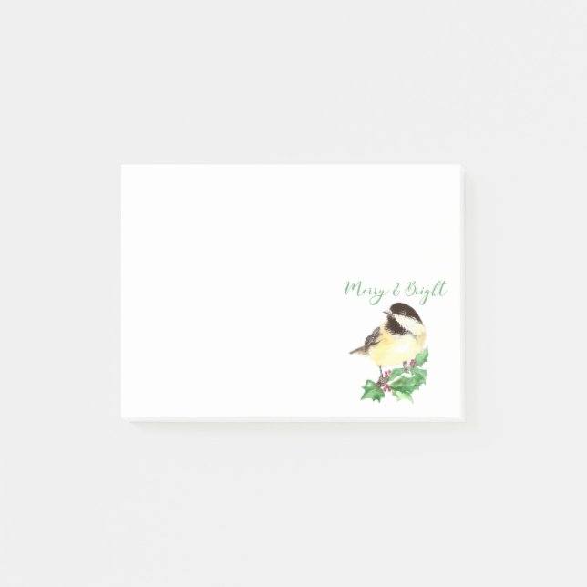 Post-it® Aquarelle Chickadee Oiseau Joyeux et Noël brillant (Devant)