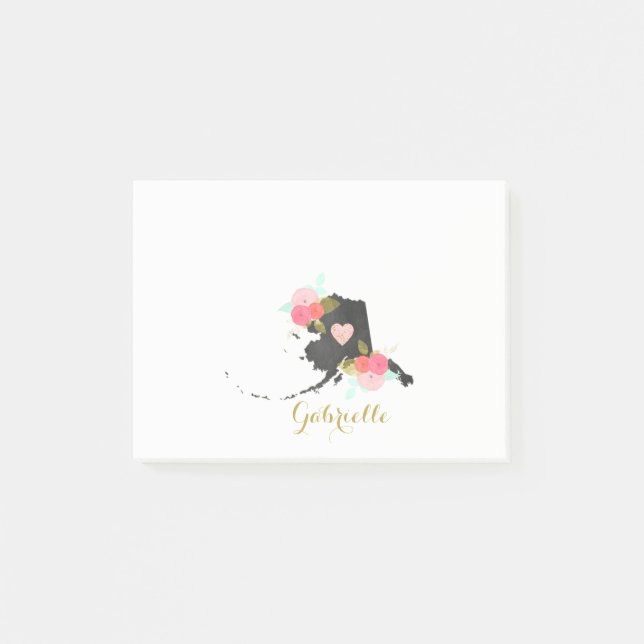 Post-it® Aquarelle de l'état de l'Alaska Floral & Coeur (Devant)