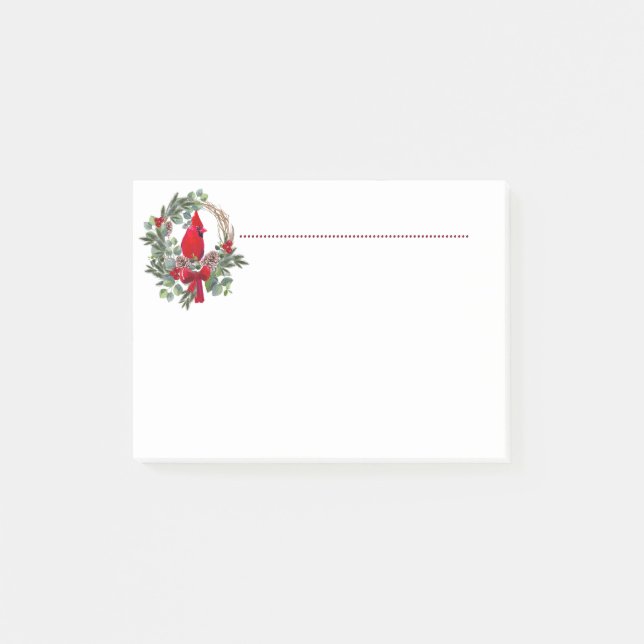 Post-it® Aquarelle de Noël Oiseau Cardinal Holly Wreath (Devant)