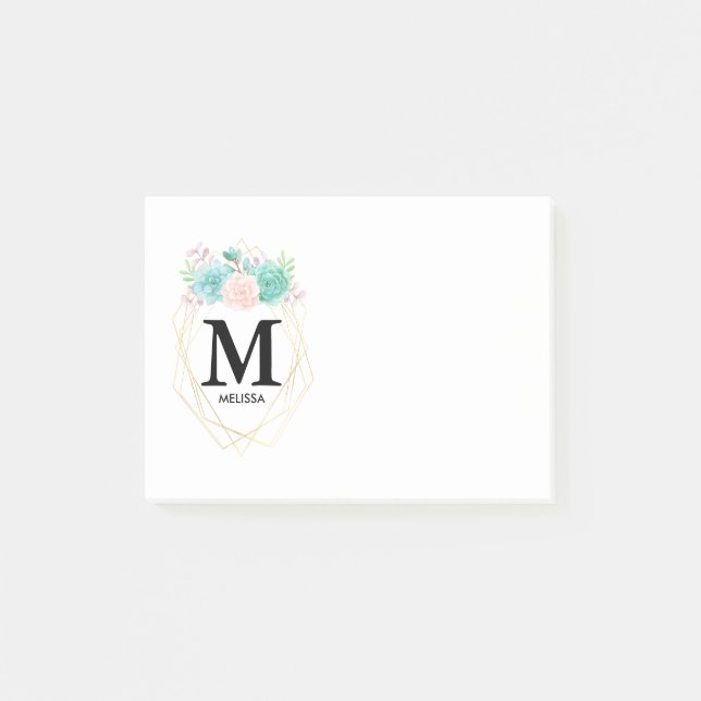 Post-it® Aquarelle rose et vert moderne Succulents Monogram (Devant)