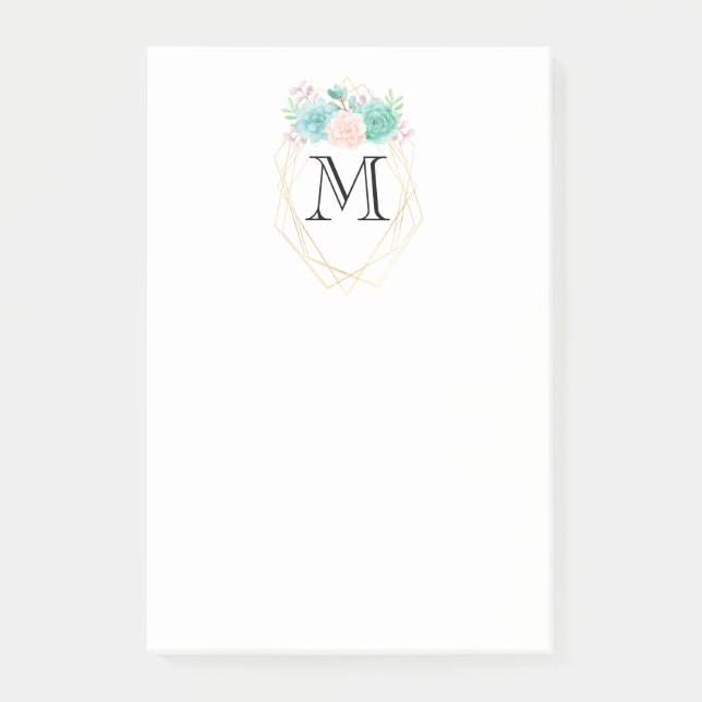 Post-it® Aquarelle rose et vert moderne Succulents Monogram (Devant)