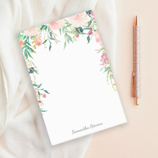 Post-it® Aquarelle rose féminine Florale avec votre nom (Créateur téléchargé)