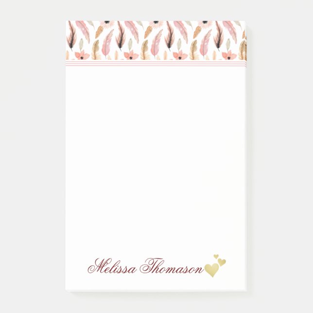 Post-it® Aquarelle rose Floral Nom du Motif Script de coeur (Devant)