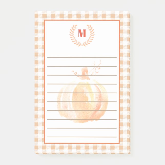Post-it® Aquarelle rustique Citrouille & Plaid | Monogramme (Devant)