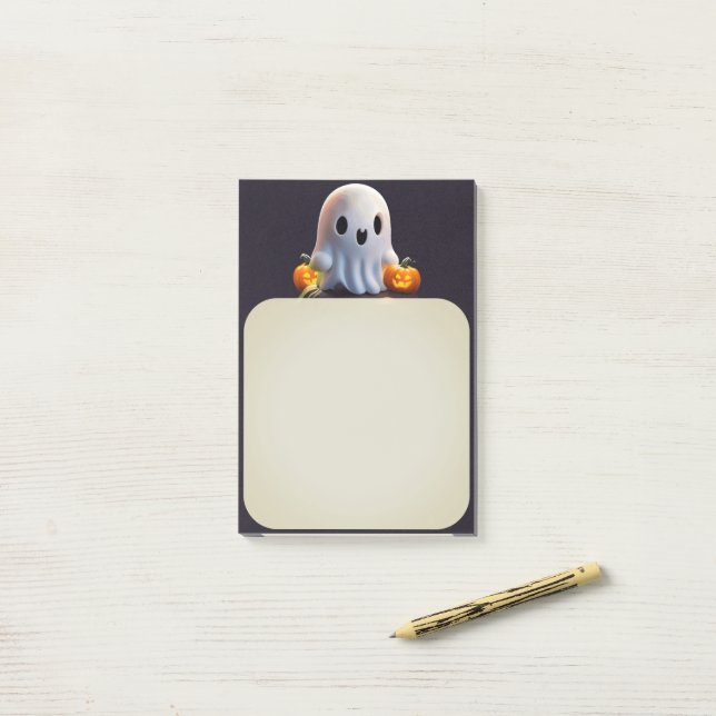 Post-it® Baby Ghost Déplaisant mignon caractère Halloween (Sur un bureau)