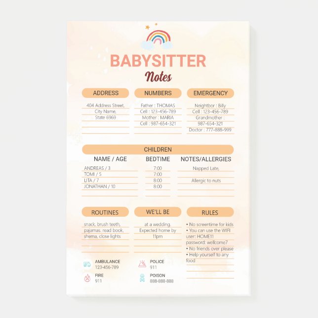 Post-it® Baby-sitting | Note d'information sur la baby-sitt (Devant)