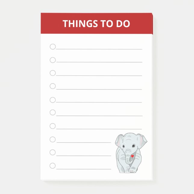 Post-it® Beau éléphant tenant un coeur choses à faire (Devant)