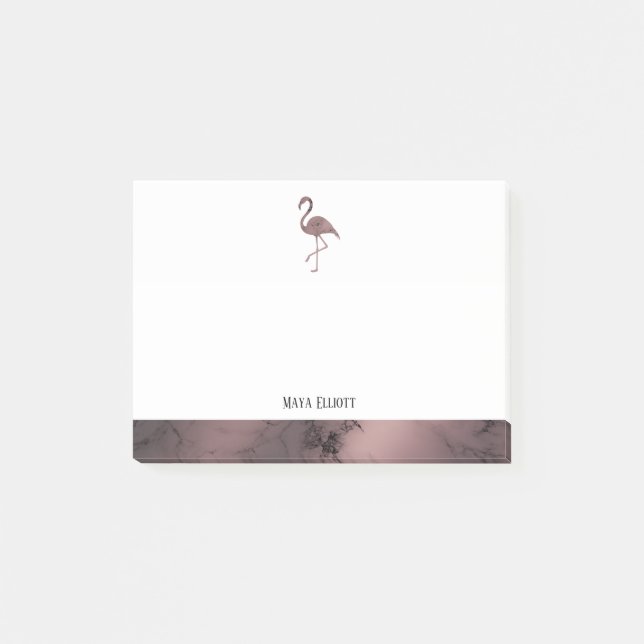 Post-it® Blanc sur marbre or Rose, Flamant rose & bordure,  (Devant)