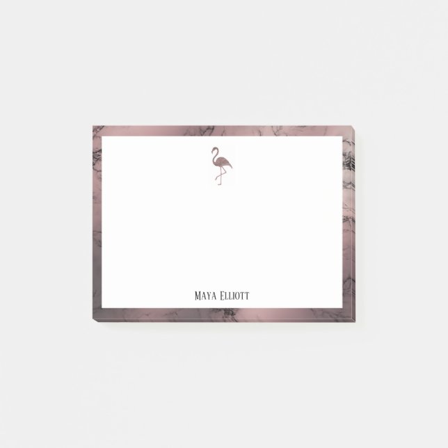 Post-it® Blanc sur marbre or Rose, Flamant rose & bordure,  (Devant)
