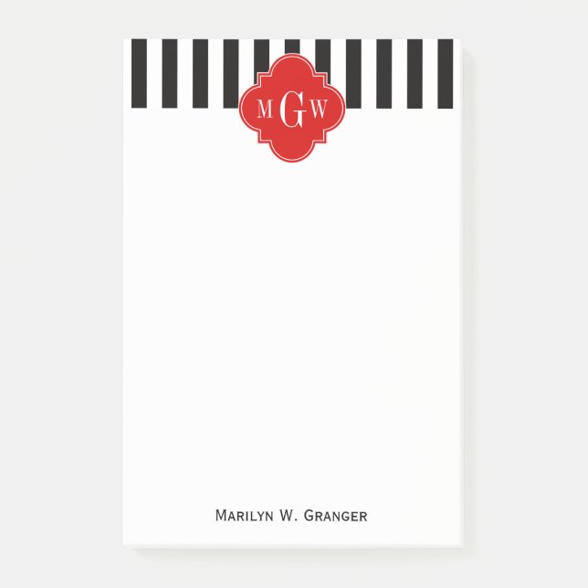 Post-it® Blancs Noir Rouge Quatrefoil 3 Monogramme (Devant)