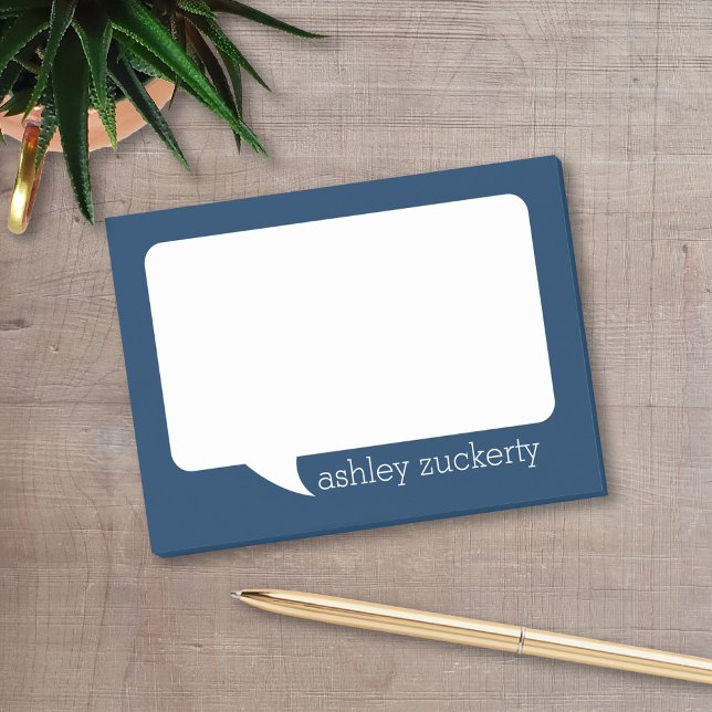 Post-it® Bleu et blanc de la marine Parler bulle Nom person (A fun talk bubble design for a personalized post-it notepad. Add your name for a fun office gift.)