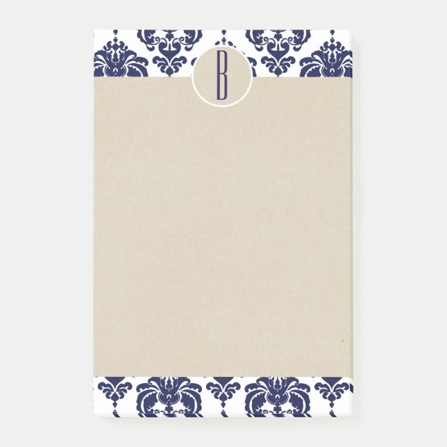 Post-it® Bleu Navy Blanc Glam Damassé Kraft Monogramme Init (Devant)