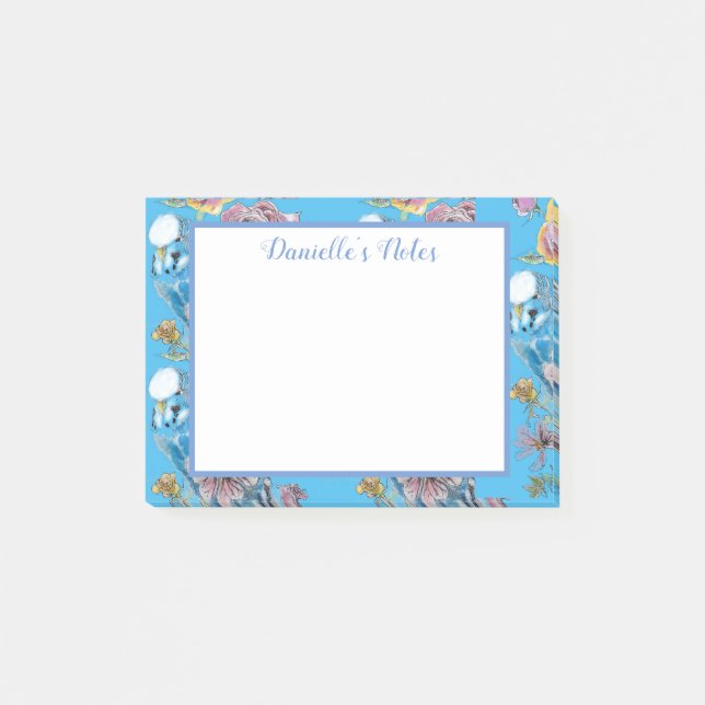 Post-it® Blue Budgie Budgerigar Rose aquarelle art floral (Devant)