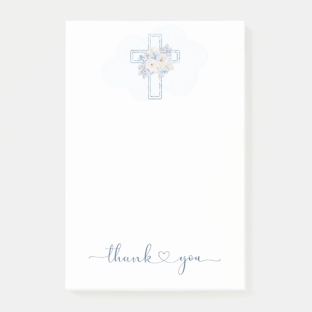 Post-it® Blue Floral Cross Baptism/Christening Thank You  (Devant)