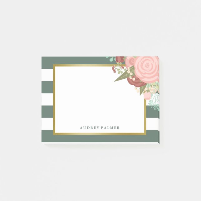 Post-it® Bouquet rose et bandes vertes Nom personnalisé (Devant)