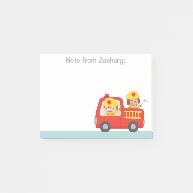 Post-it® Camion de pompiers rouge avec le garçon et le (Devant)