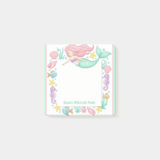 Post-it® Carnet personnalisé de Mitzvah de sirène mignonne (Devant)