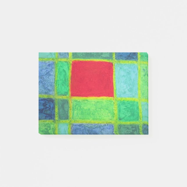 Post-it® Carré rouge dans une grille abstraite verte bleue (Devant)