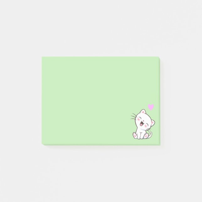 Post-it® Chat mignon et coeur sur vert clair (Devant)